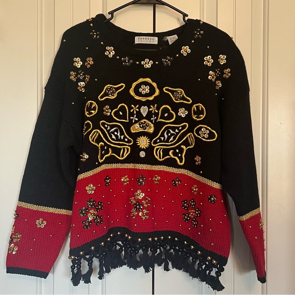 Vintage Wearable Art Sweater Express Tricot Sz Small Embroidered Beaded Tassels